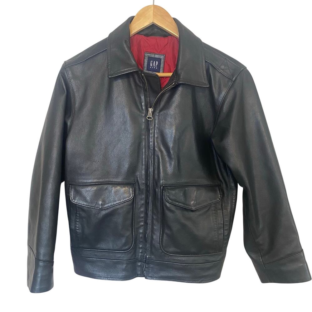 Vintage Gap Kids Leather Jacket Boys Size Large 10 Black Bomber Moto